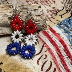 Artisan Red White and Blue Floral Beaded Dangle Earrings